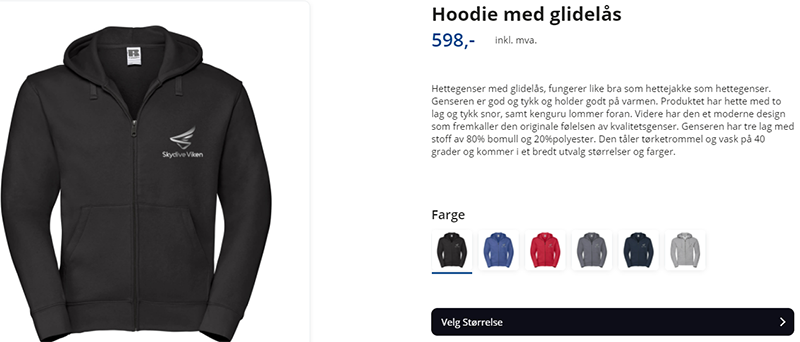 hoodie med glidelås og Skydive Viken logo